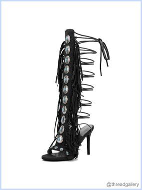 Faux Suede Fringe Heeled Sandals Lace Up Open Toe Cowgirl Style